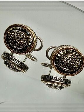 Vintage-Inspired Marcasite Stones Sterling Silver w 10K gold Pierced Earrings